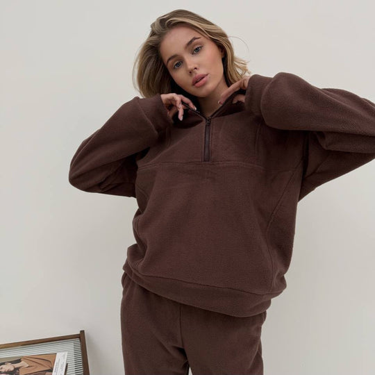 Damen gemütliches Fleece-Hoodie-Set mit hohem Kragen und praktischen Taschen R&B