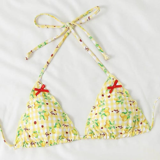 Damen Bikini-Set mit verspieltem Zitronenmuster und Rüschendetails R&B