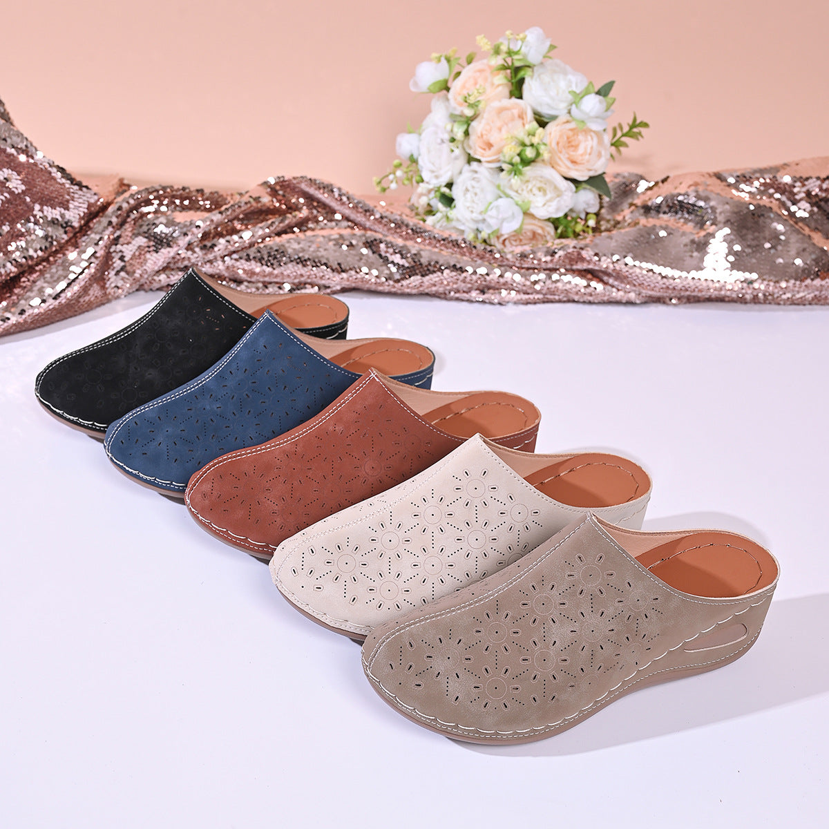 Damen Clogs mit eleganter Lochmuster-Applikation und rutschfester Sohle R&B