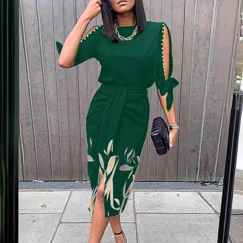 Damen Midikleid mit elegantem Bindegürtel und modischen Cut-Out-Ärmeln R&B