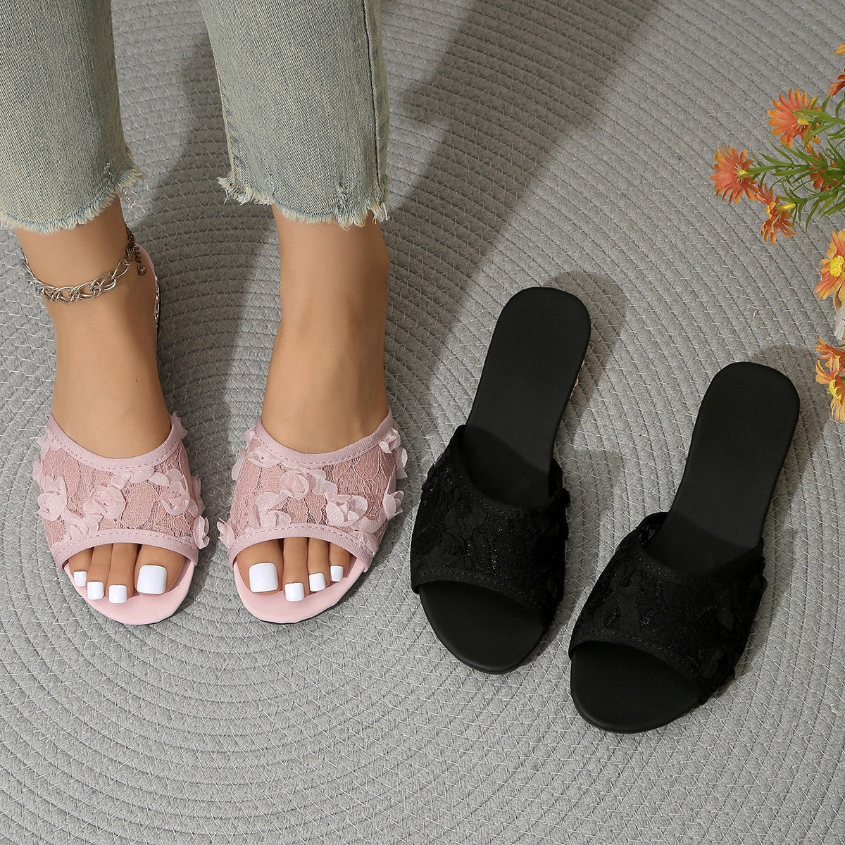 Damen elegante Floral-Pantoletten mit zarter Spitzenverzierung R&B