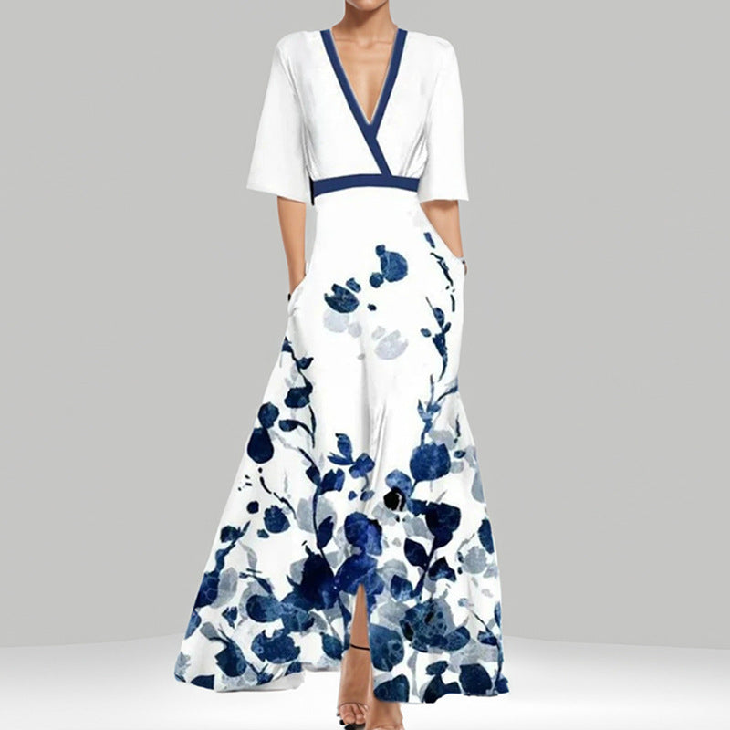 R&B | Elegantes V-Ausschnitt Bedrucktes Taillenkleid mit Schößchen