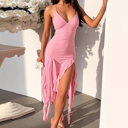 Damen Elegantes Maxikleid mit asymmetrischem Saum und tiefem V-Ausschnitt R&B