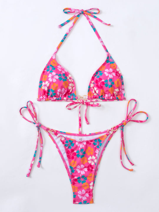 Damen Triangel-Bikini mit floralem Print und verstellbaren Schnüren R&B