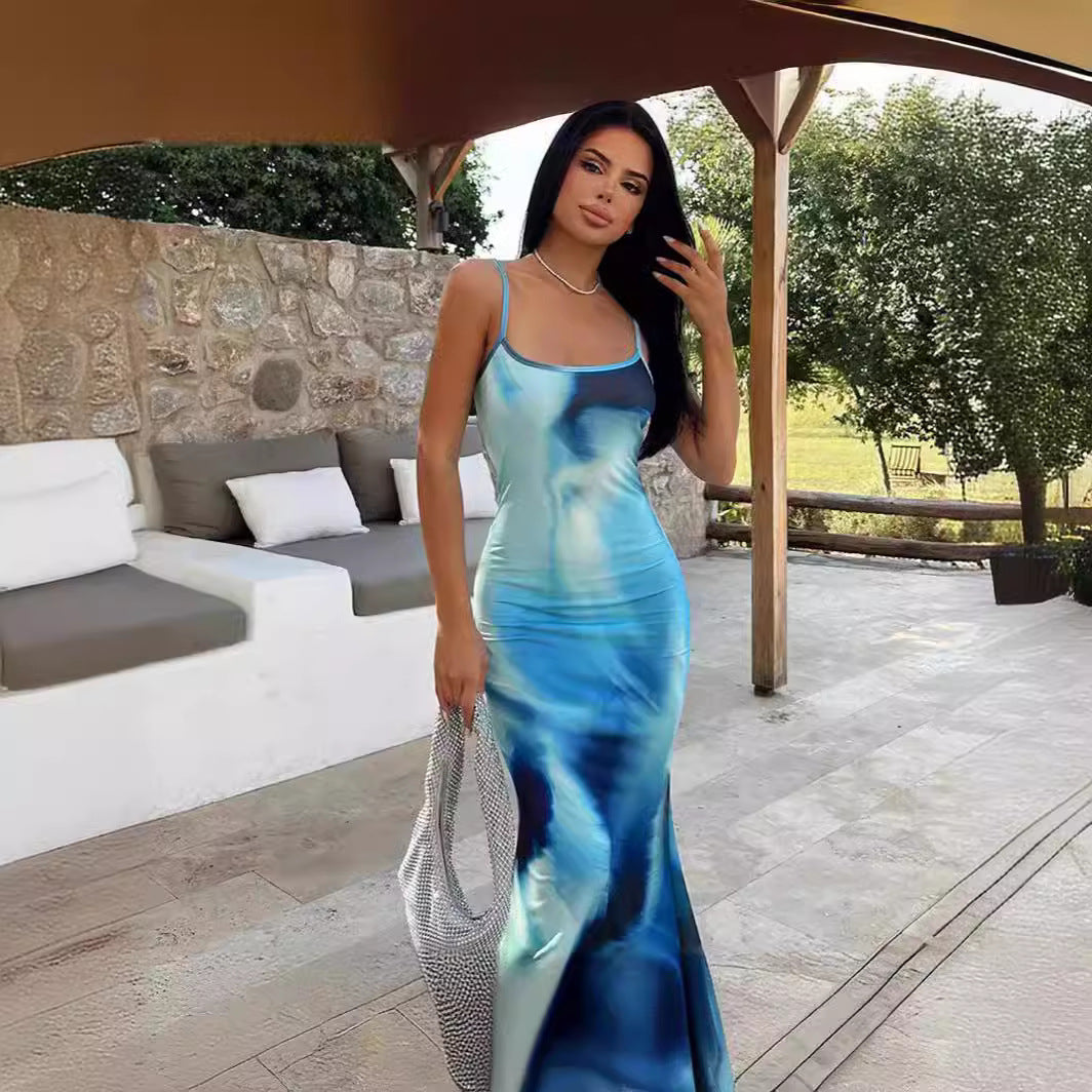 Damen Maxikleid mit tiefem Ausschnitt und sanften Farbverlauf R&B