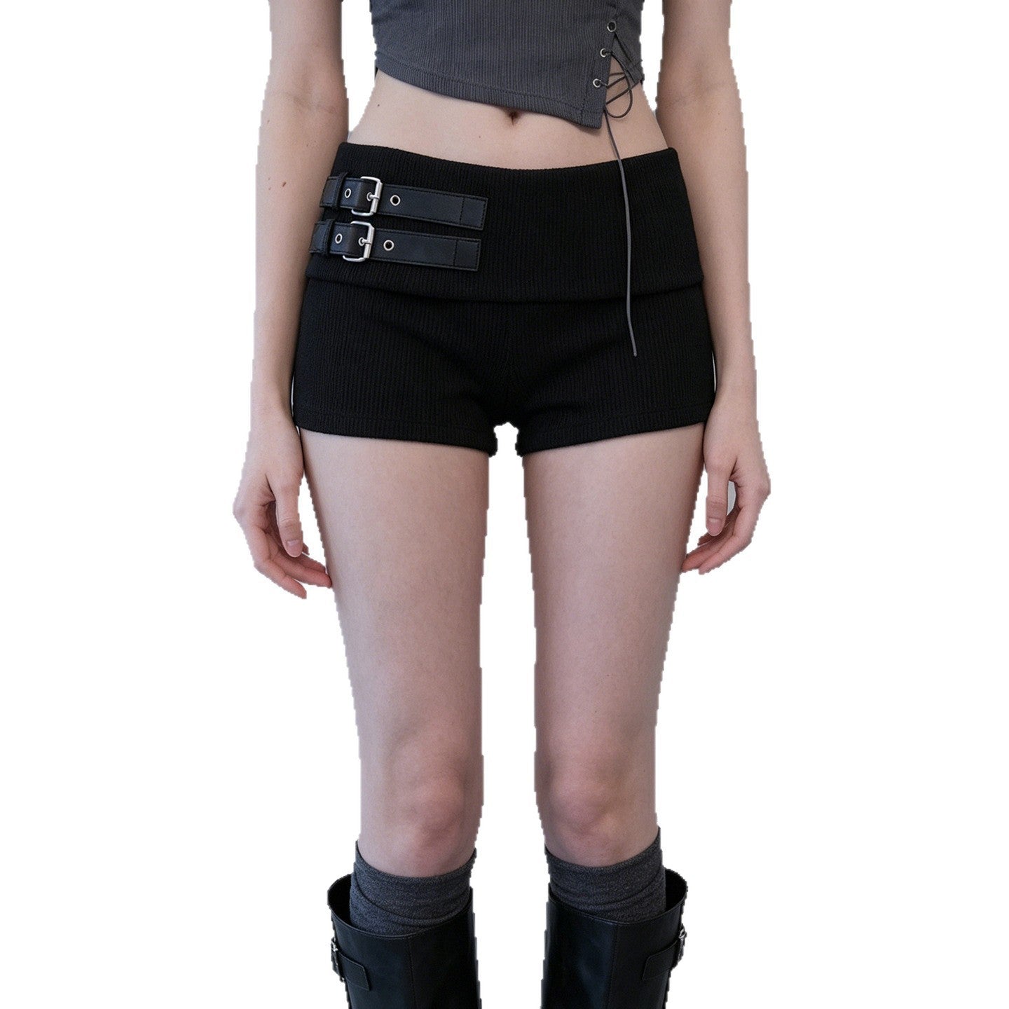 Damen Shorts mit breitem Bund und dekorativen Schnallen R&B