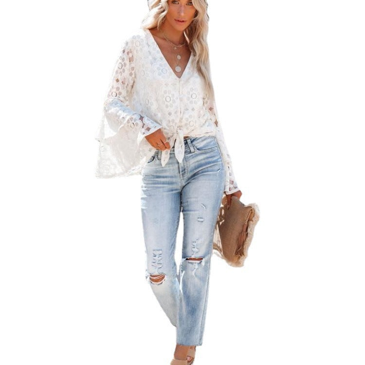 Damen Spitzenbluse mit leichtem V-Ausschnitt und dekorativem Bindeband R&B
