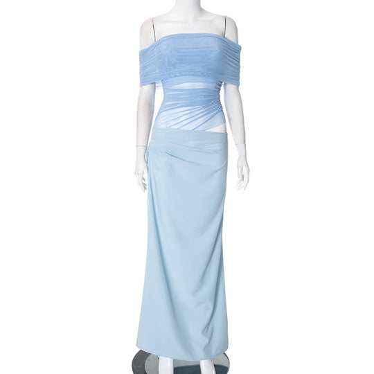 R&B | Ein-Wort-Kragen-Plissee-Kleid aus Mesh mit diagonaler Spanne