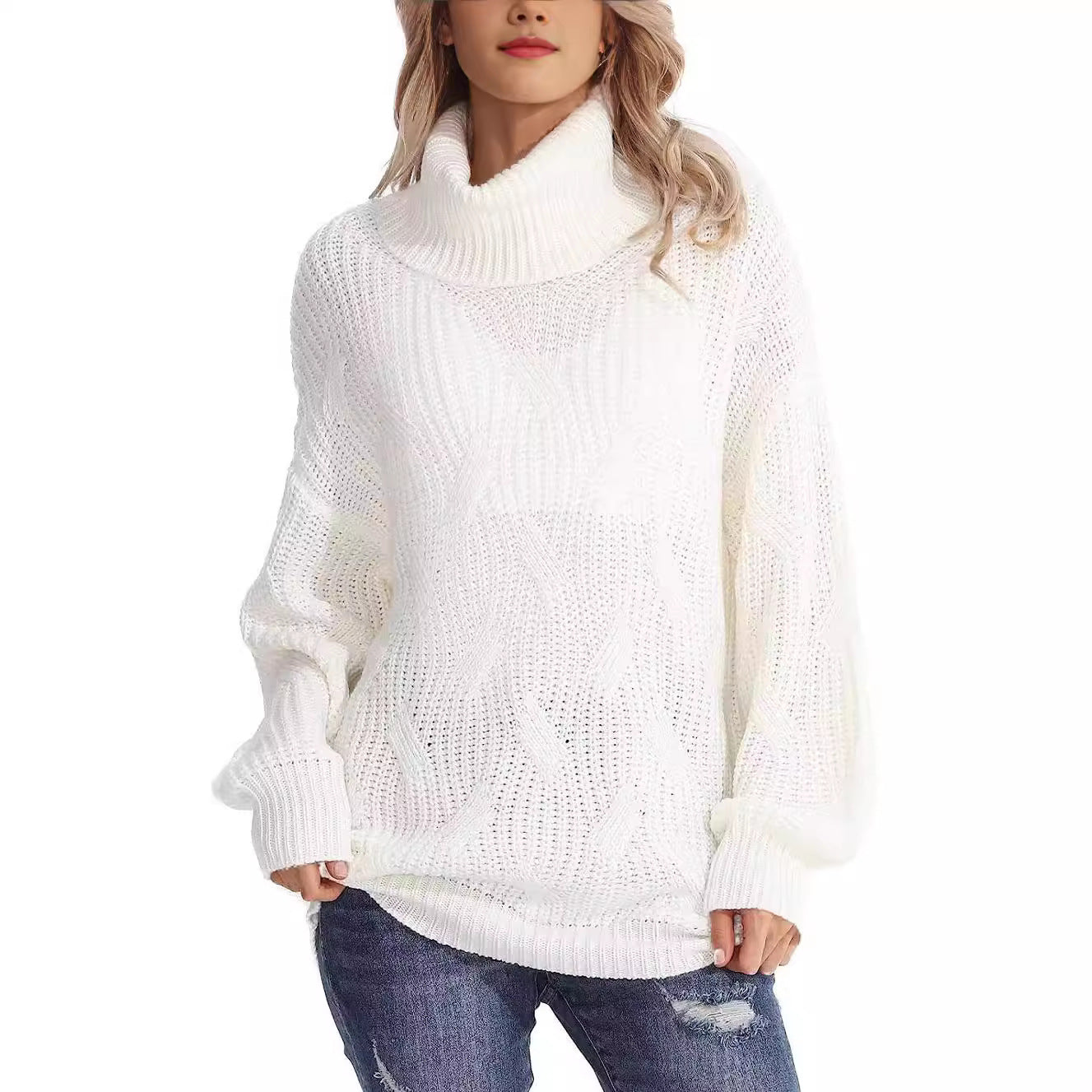 Damen Weicher Strickpullover mit hohem Kragen und Kabelmuster R&B