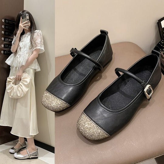 Damen elegante Ballerinas mit funkelndem Zehenbereich und dekorativem Riemen R&B