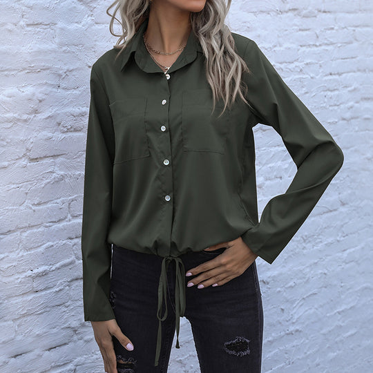 Damen elegante Bluse mit Knopfverschluss und taillierbarem Saum R&B