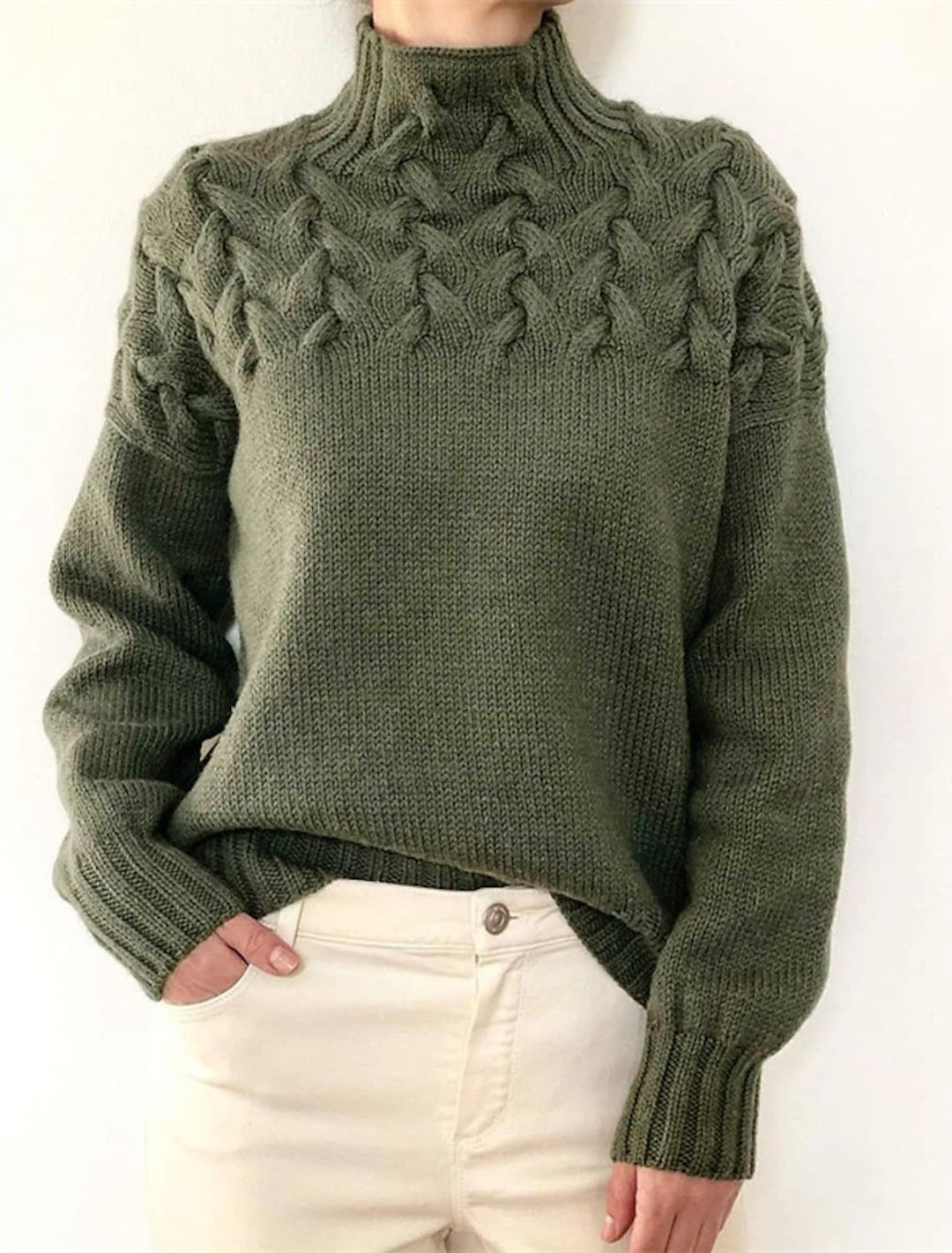 Damen Grobstrickpullover mit Stehkragen und Zopfmuster R&B