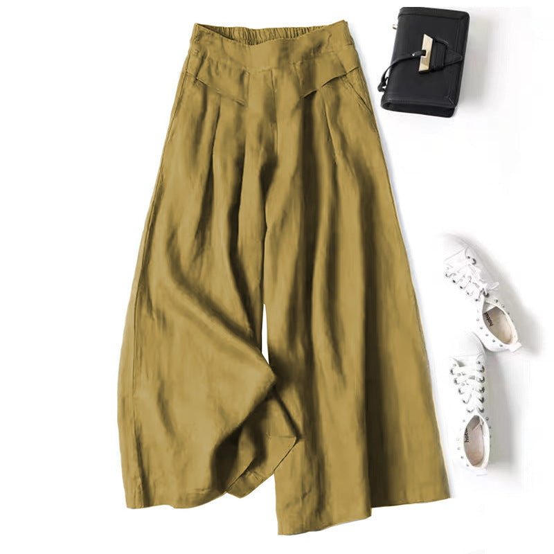 Damen Weit geschnittene Leinenhose mit hohem Bund und eleganten Falten R&B