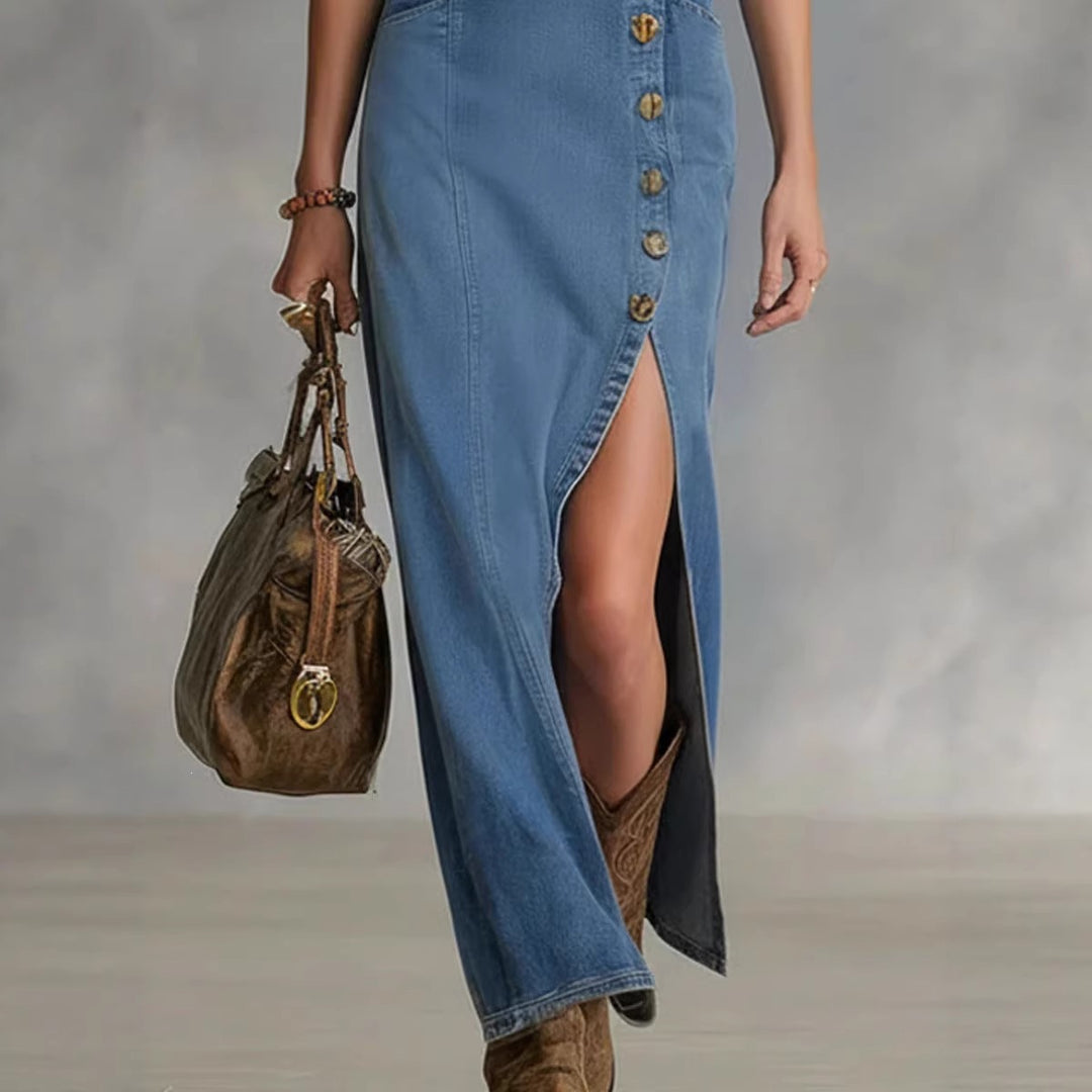 Damen Langes Denim Kleid mit hohen Schlitz und Knopfdetails R&B