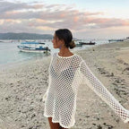 Damen luftiger Häkel-Strandüberwurf mit weiten Ärmeln und asymmetrischem Saum R&B