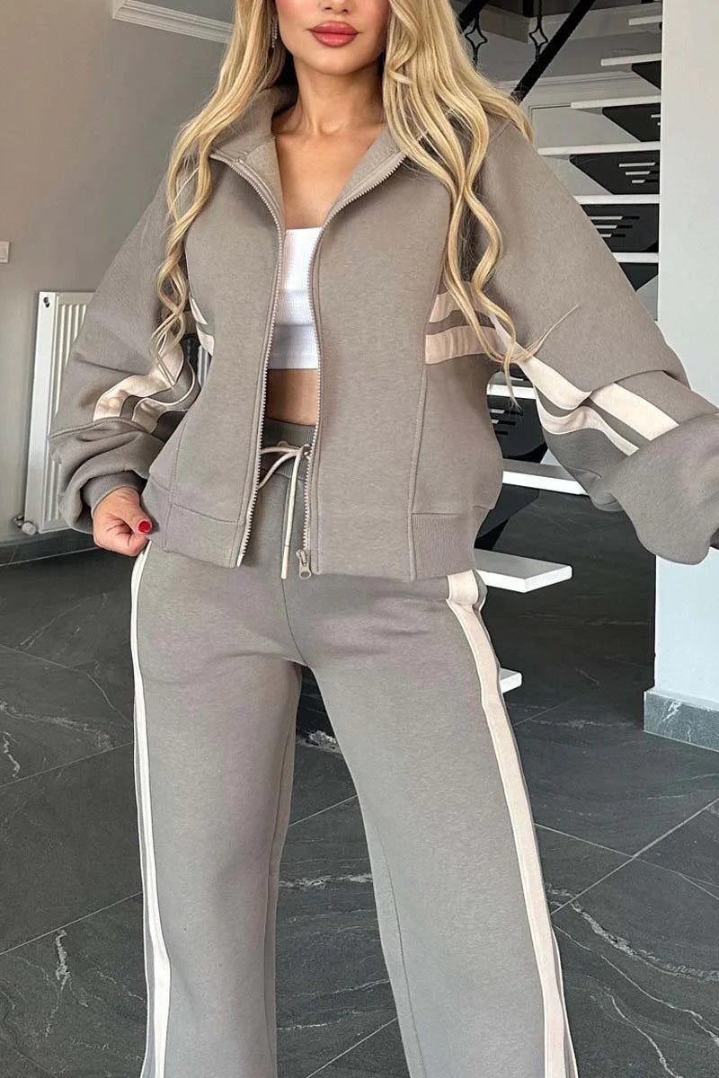 R&B | Gestreifte Zip up Cropped Sweatshirtjacke und Sporthose Zwei Teile Satz