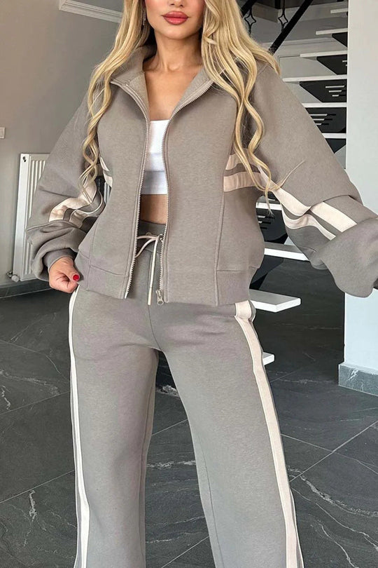 R&B | Gestreifte Zip up Cropped Sweatshirtjacke und Sporthose Zwei Teile Satz