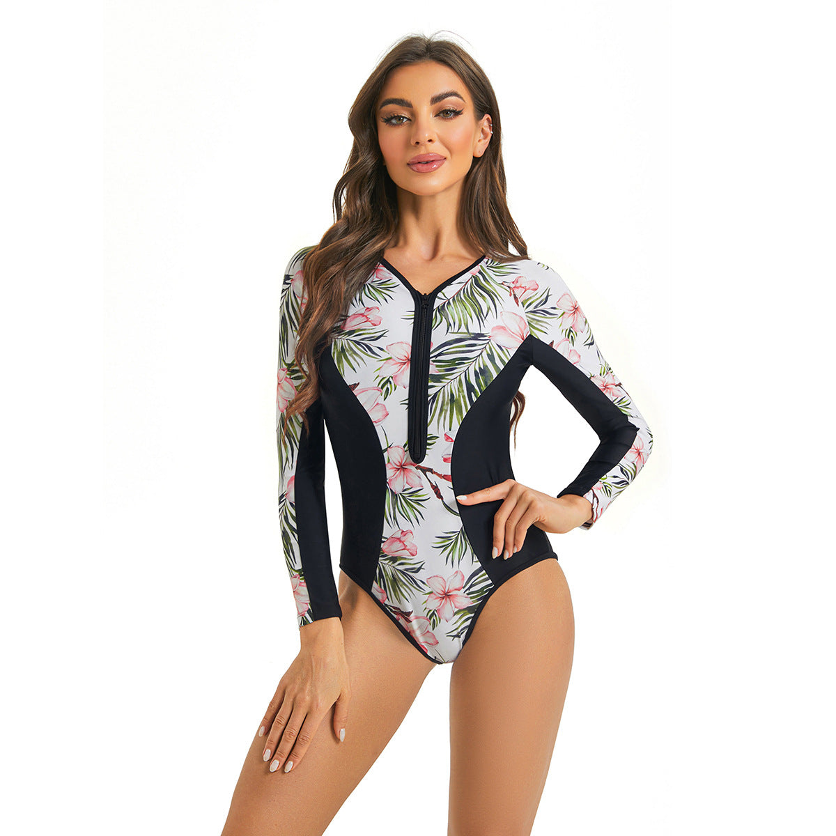 Damen Sportlicher Langarm Badeanzug mit floralem Grafikdesign R&B