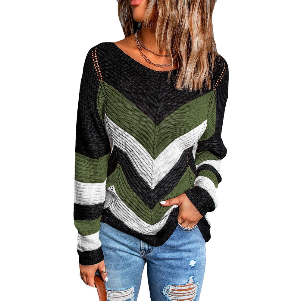 Damen Modischer Strickpullover mit Chevron-Muster und lockerer Passform R&B
