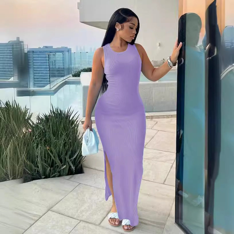 Damen elegantes Maxikleid mit hohem Schlitz und figurbetontem Schnitt R&B