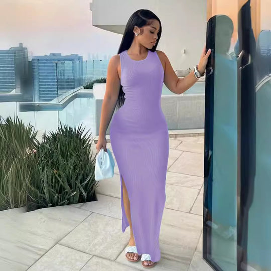 Damen elegantes Maxikleid mit hohem Schlitz und figurbetontem Schnitt R&B