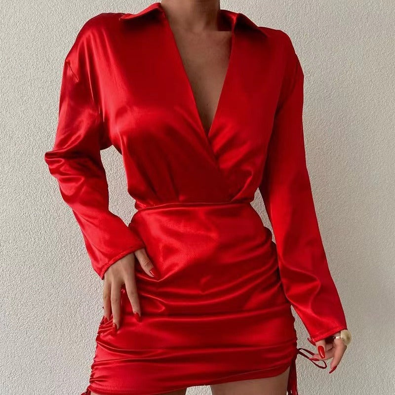 Damen Elegantes Wickelkleid mit langem Arm und verstellbarem Saum R&B
