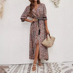 Damen Maxikleid mit abnehmbarem Taillengürtel und kunstvollem Muster R&B