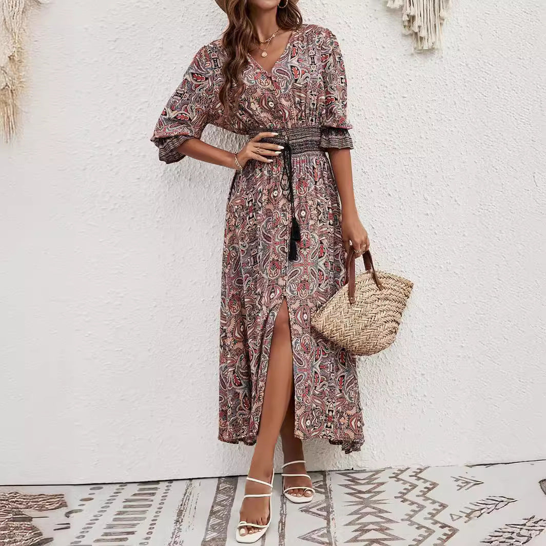 Damen Maxikleid mit abnehmbarem Taillengürtel und kunstvollem Muster R&B