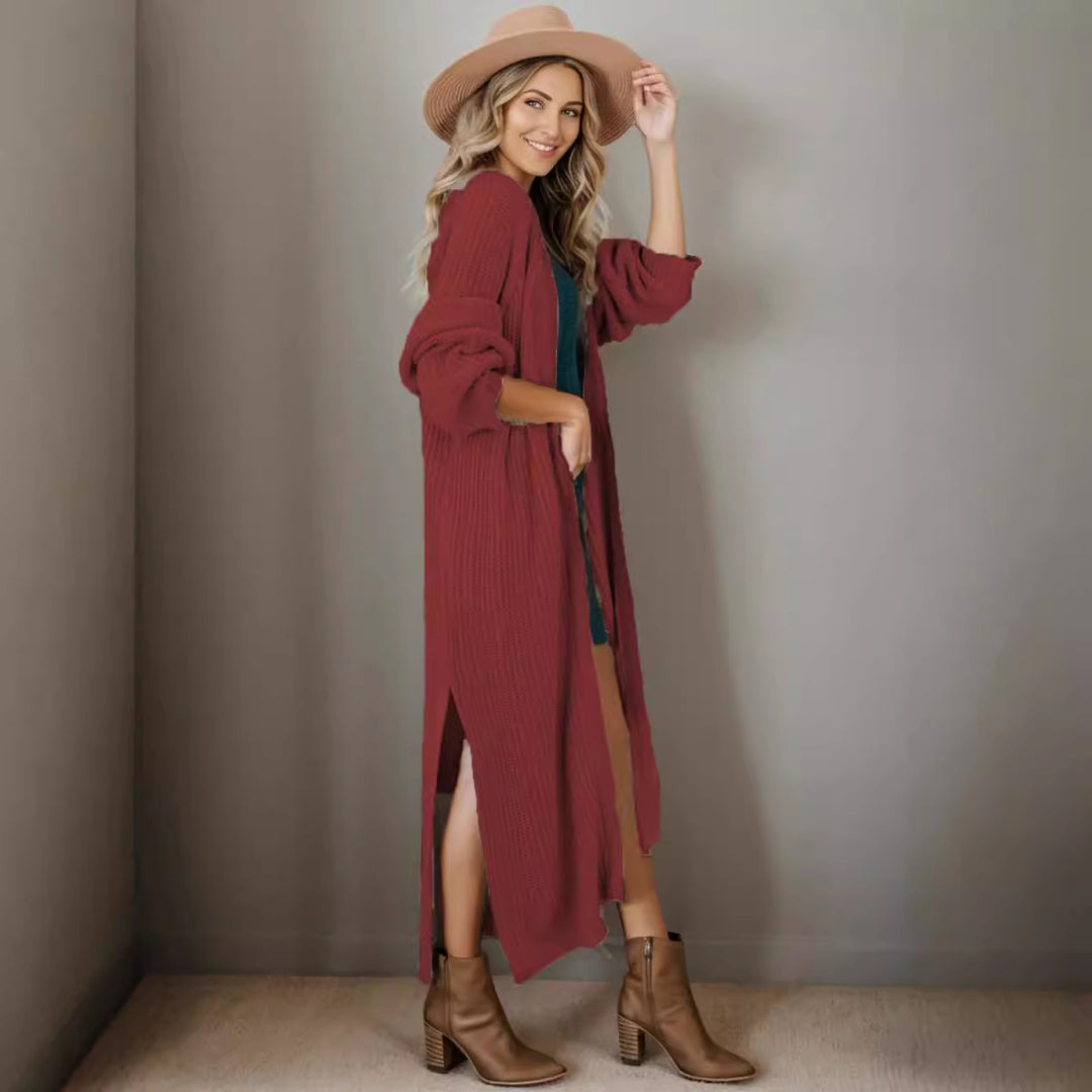 Damen lange Strickjacke in lässiger Rippstruktur mit offenen Ärmeln und Taschen R&B