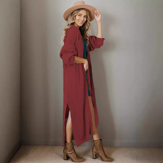 Damen lange Strickjacke in lässiger Rippstruktur mit offenen Ärmeln und Taschen R&B