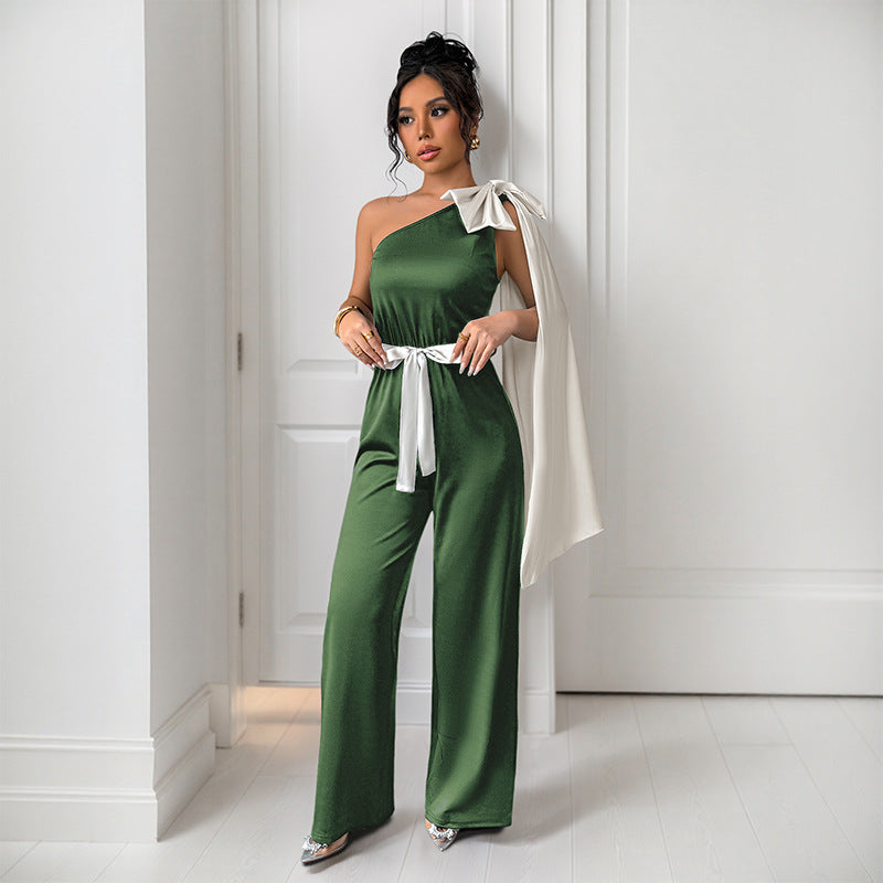 Damen eleganter Jumpsuit mit asymmetrischem Ausschnitt und dekorativem Taillengürtel R&B