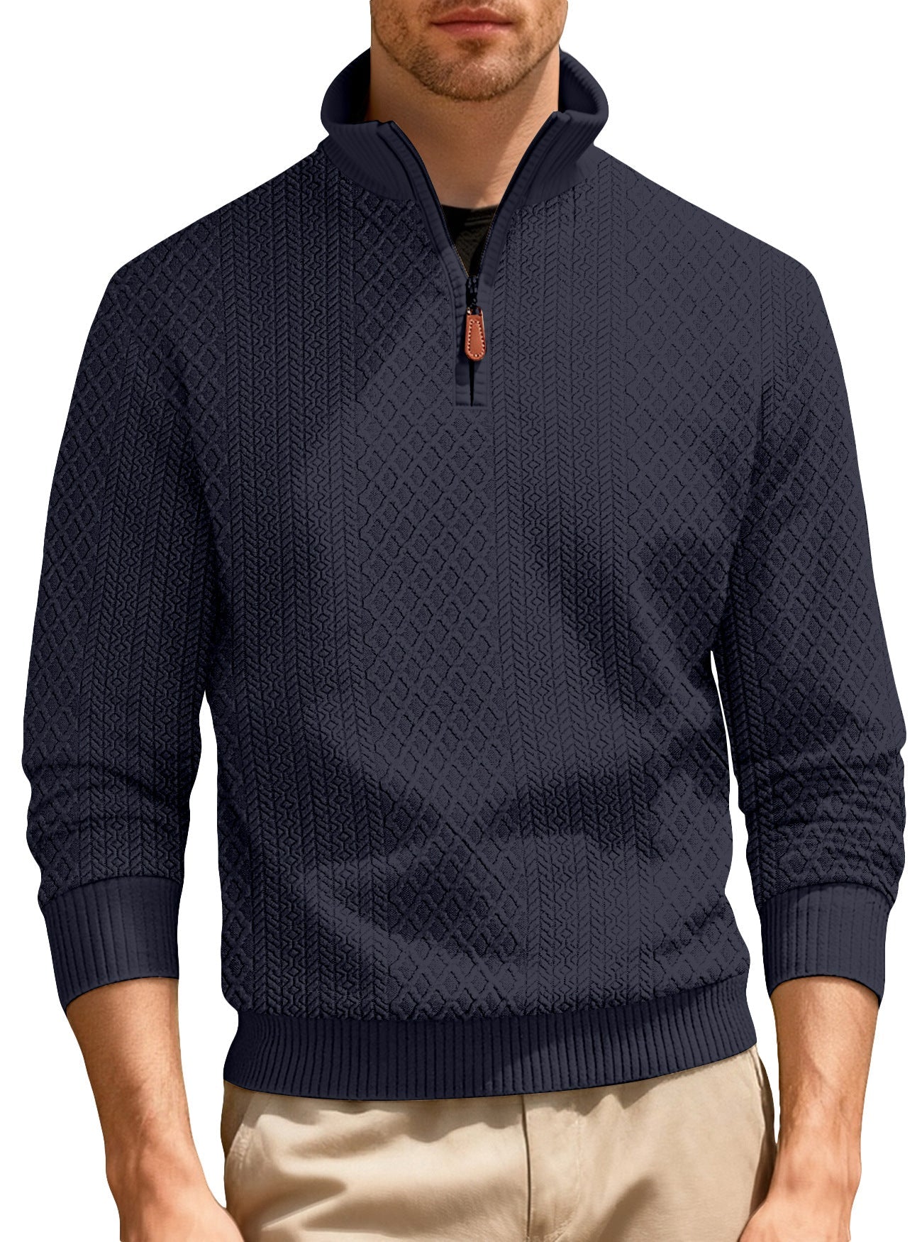 Herren nan feinstrukturierter Halbzip-Pullover im Jacquard-Relief mit hohem Stehkragen und Leder-Zipper R&B