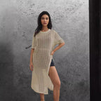 Damen Langer Strick-Kimono mit offenem Design und atmungsaktiver Maschenstruktur R&B