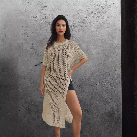Damen Langer Strick-Kimono mit offenem Design und atmungsaktiver Maschenstruktur R&B