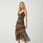 Damen elegantes Midikleid mit asymmetrischem Volant und Animal-Print R&B