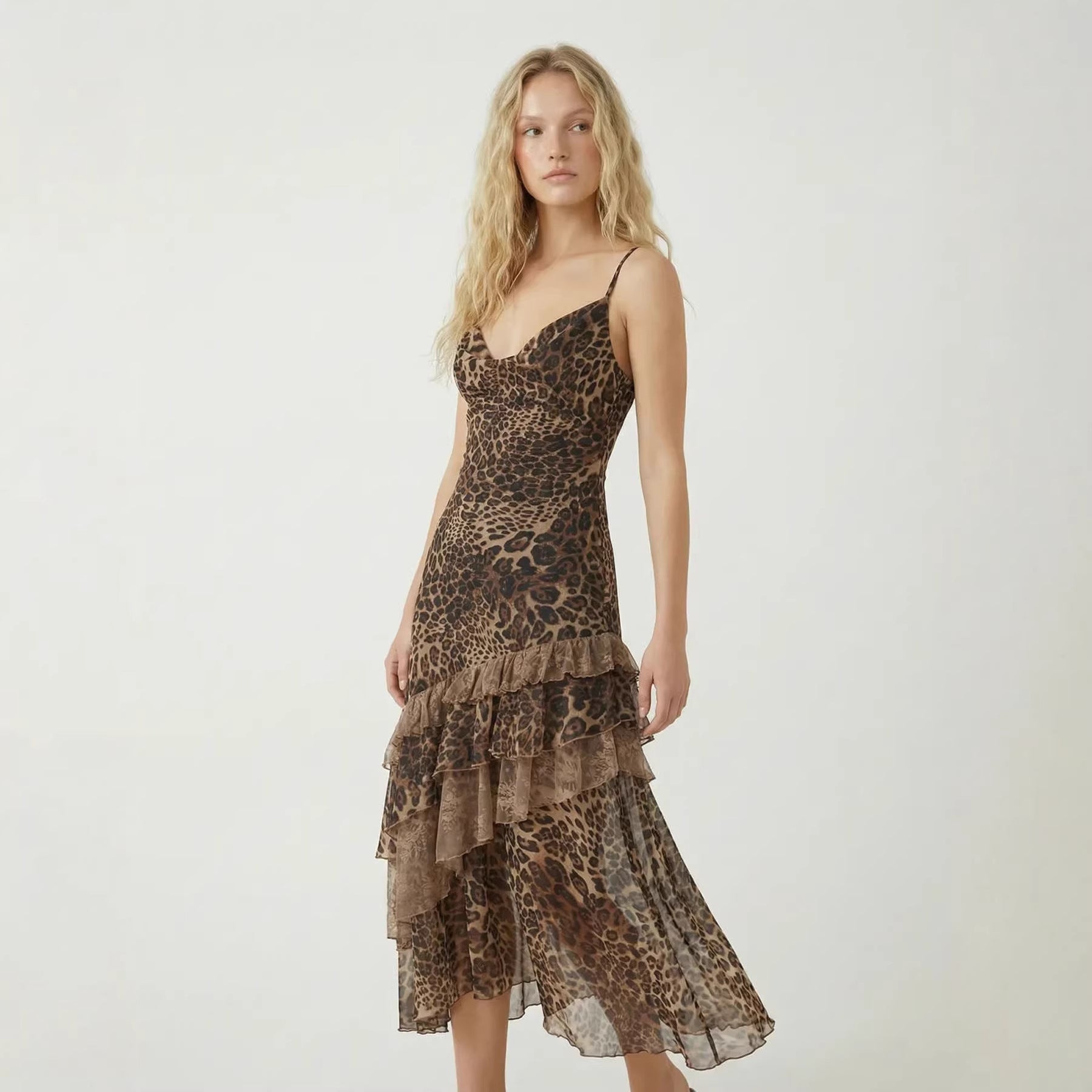 Damen elegantes Midikleid mit asymmetrischem Volant und Animal-Print R&B