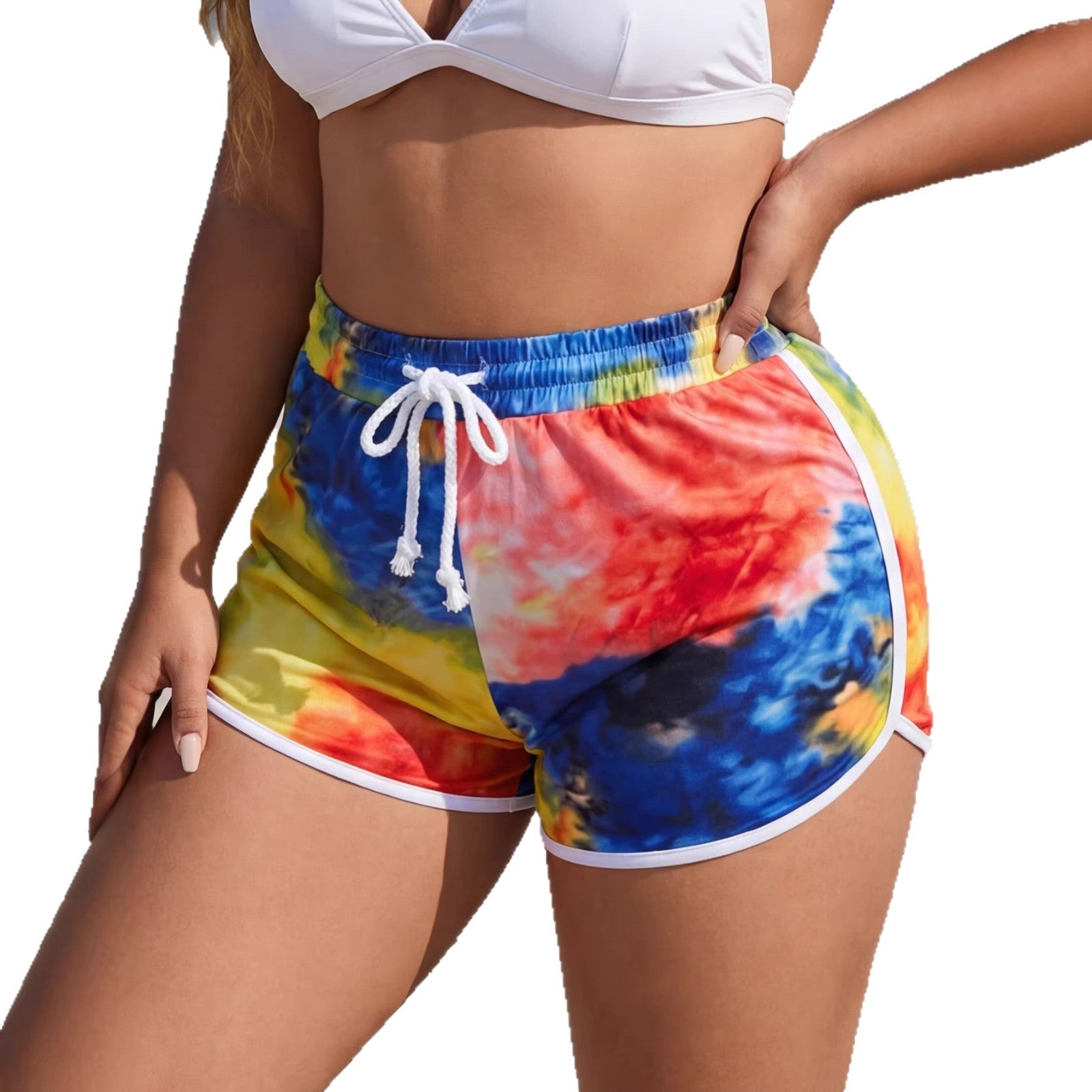 Damen sportliche Badeshorts mit buntem Batikmuster R&B
