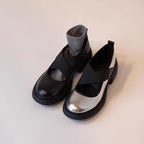 Damen elegante Plateauschuhe mit metallischer Oberfläche und modischem Überkreuz-Riemen R&B