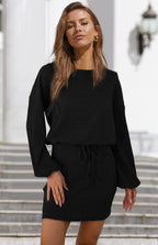 Damen Strickkleid mit elastischem Taillenbund und lässigen Puffärmeln R&B
