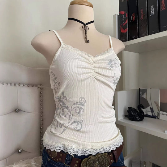 Damen Verspieltes Spaghetti-Träger Top mit Spitzendetails R&B