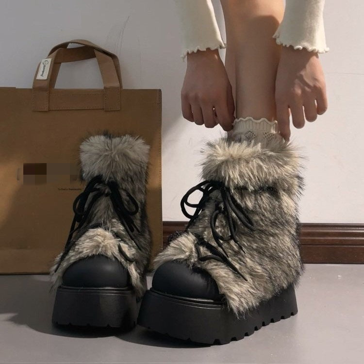 Damen Winterliche Schnür-Boots mit modischem Fellkragen und rutschfester Sohle R&B