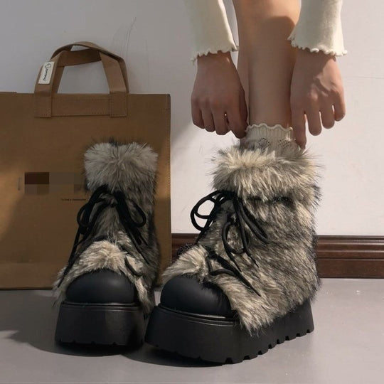 Damen Winterliche Schnür-Boots mit modischem Fellkragen und rutschfester Sohle R&B