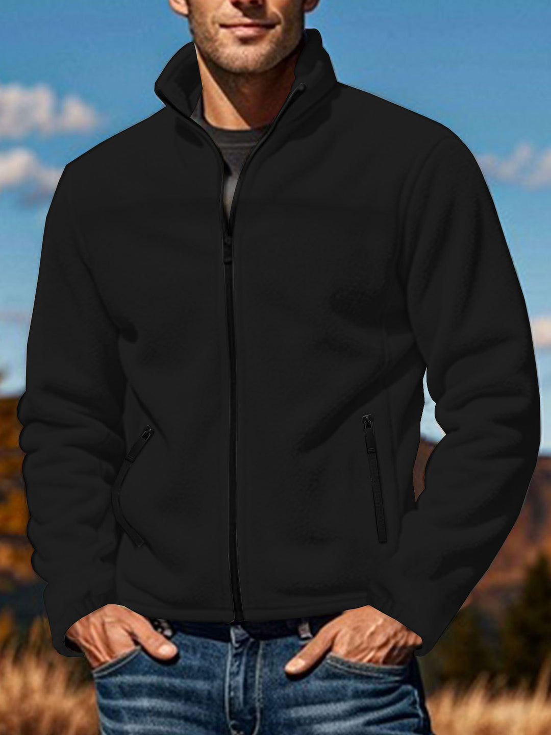 Herren nan warme Fleecejacke mit Reißverschluss, Stehkragen und Reißverschlusstaschen R&B