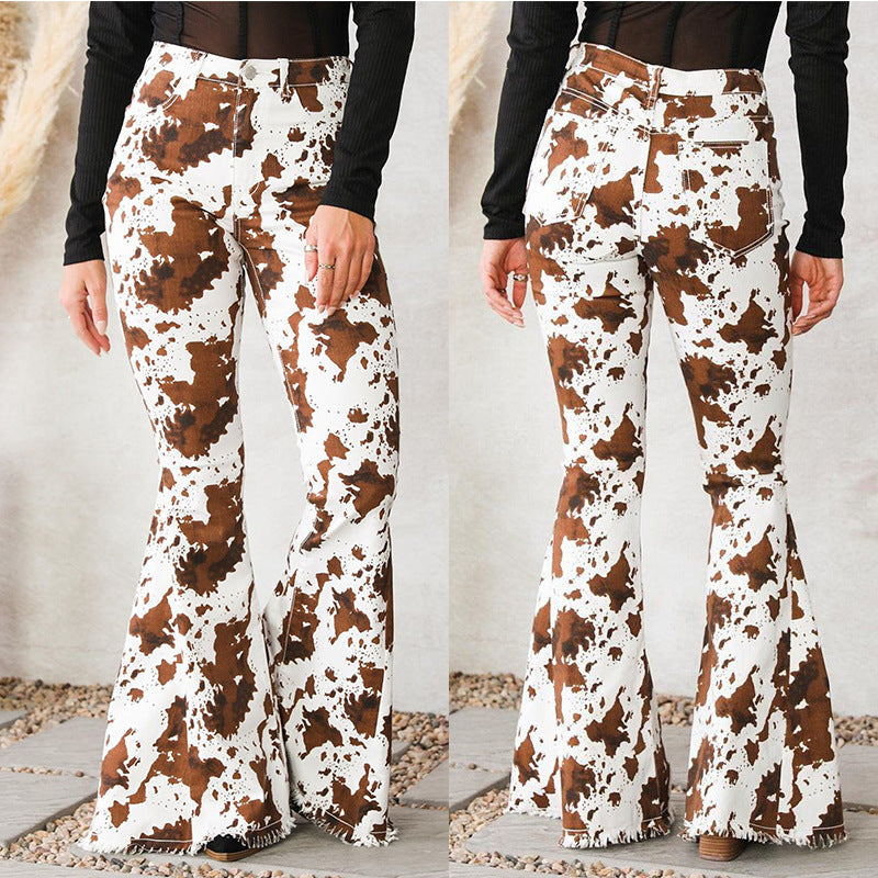 Damen Flared Jeans mit auffälligem Kuhflecken-Muster R&B