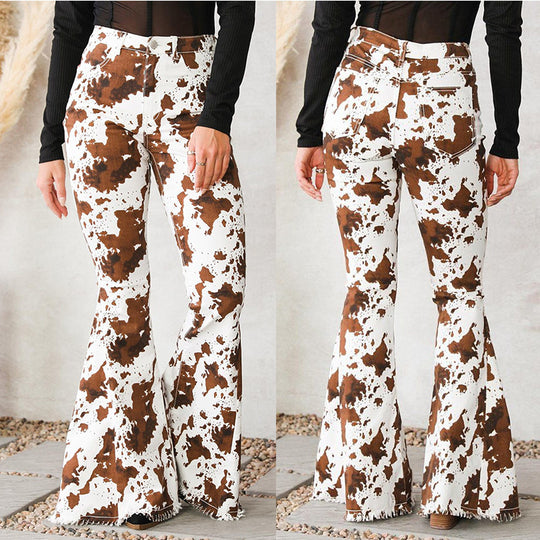 Damen Flared Jeans mit auffälligem Kuhflecken-Muster R&B
