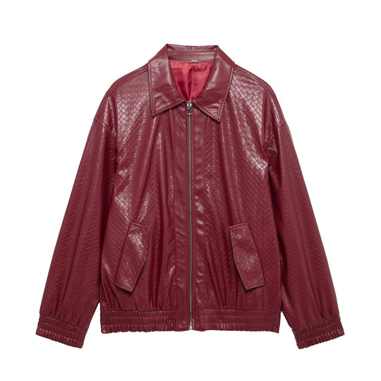 Damen modische Kunstlederjacke mit strukturiertem Design und elastischem Bund R&B