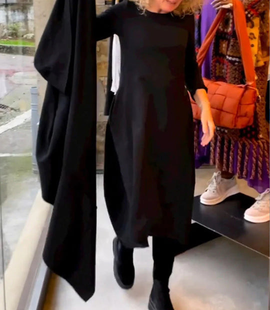 Damen nan asymmetrisches Ballonkleid mit dreiviertelärmeln, seitlichen Eingrifftaschen und fließendem Zipfelsaum R&B