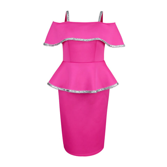 Damen Elegantes Cocktailkleid mit schulterfreiem Volant und funkelnden Akzenten R&B