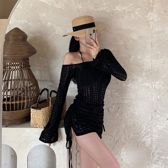 Damen Strandkleid mit transparentem Stoff und verstellbaren Rüschendetails R&B