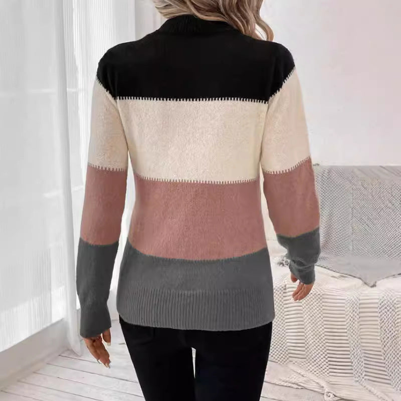 Damen modischer Strickpullover mit trendigem Blockstreifen und steigendem Kragen R&B